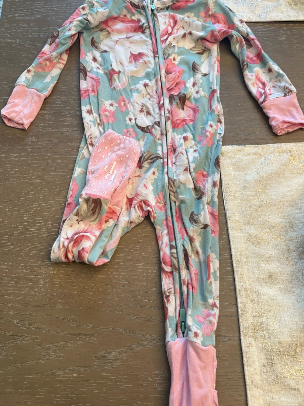 Posh Peanut Mint Floral Zip Footie with Pink Accents